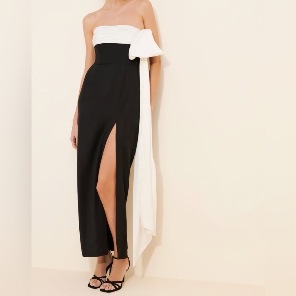 HUTCH Black white Satin Drape Strapless Column Maxi‎ Dress Serina Gown